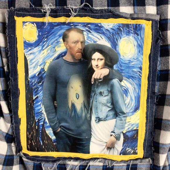 Reworked Van Gogh Mona Lisa FLANNEL Funny Stary Night Art Small - Picture 2 of 4